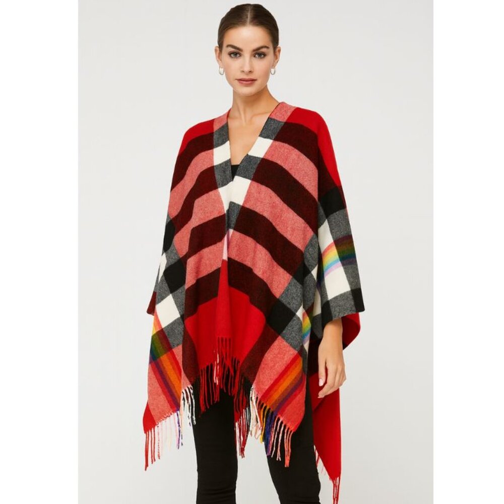 Red Rainbow Haymarket Plaid Checkered Scarf Cashmere-Feel Shawl Very Soft NWT